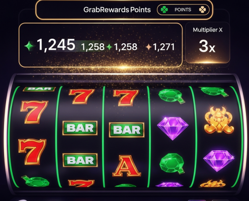 Vibrant online slot machine interface showing accumulating GrabRewards points and a multiplier bonus, representing GrabPay rewards optimization for online slots.