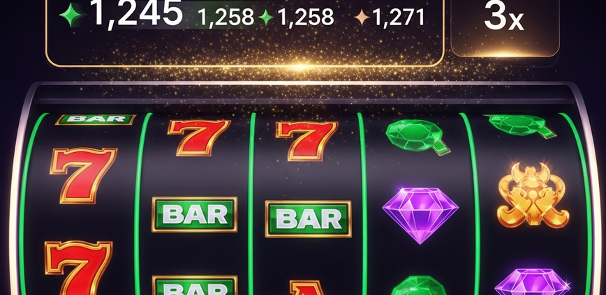 Vibrant online slot machine interface showing accumulating GrabRewards points and a multiplier bonus, representing GrabPay rewards optimization for online slots.