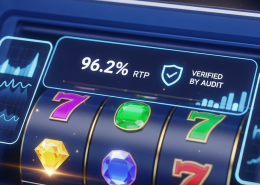 A digital interface of an online slot machine displaying a prominent RTP percentage and audit verification symbols, representing transparency and fair game data on a premium online casino platform.