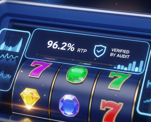 A digital interface of an online slot machine displaying a prominent RTP percentage and audit verification symbols, representing transparency and fair game data on a premium online casino platform.