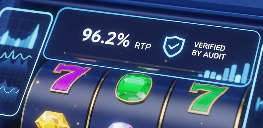 A digital interface of an online slot machine displaying a prominent RTP percentage and audit verification symbols, representing transparency and fair game data on a premium online casino platform.