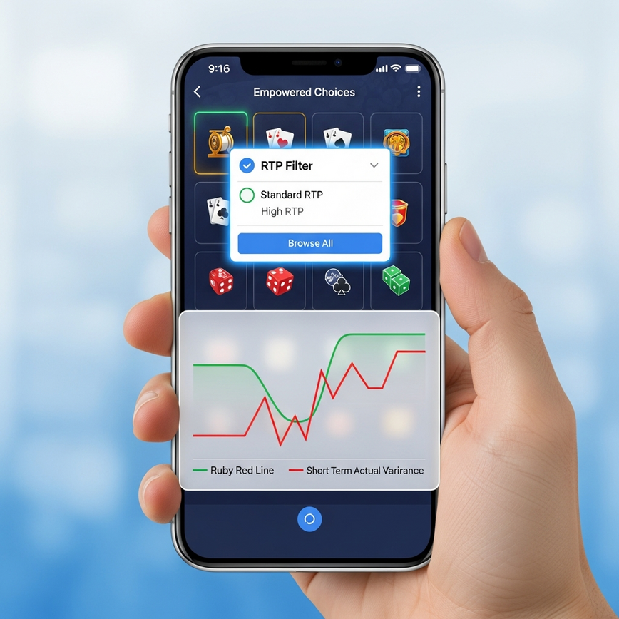 Menerangkan secara visual bagaimana pemain boleh mengakses data RTP di platform dan secara konseptual membezakan antara RTP teori dan prestasi sebenar jangka pendek (varians).