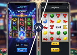 Split-screen image comparing a modern, 3D animated mobile slot game (PGSoft style) with a classic, streamlined mobile slot game (Mega888 style), highlighting their visual and design differences on an online casino platform.