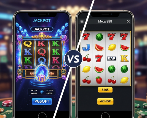 Split-screen image comparing a modern, 3D animated mobile slot game (PGSoft style) with a classic, streamlined mobile slot game (Mega888 style), highlighting their visual and design differences on an online casino platform.