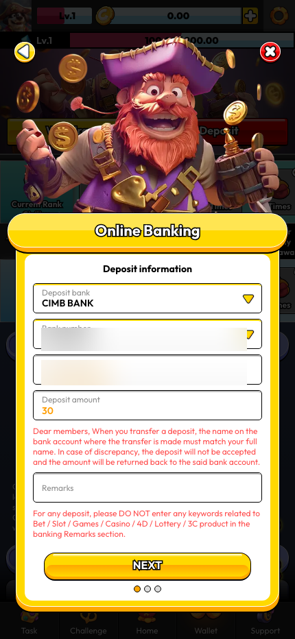 Pirate777 Bank Transfer deposit form with deposit bank dropdown, bank number and account name fields (redacted), deposit amount, remarks field and NEXT button