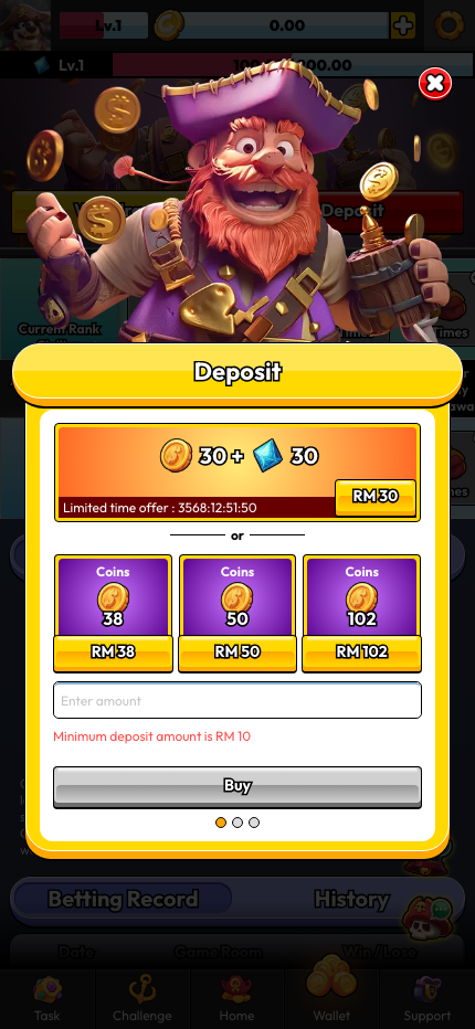 Pirate777 Deposit modal Mode 1 with orange Limited time offer banner showing 30 coins plus 30 diamonds for RM 30, three regular coin tiers below at RM 38 RM 50 RM 102, custom amount field and Buy button