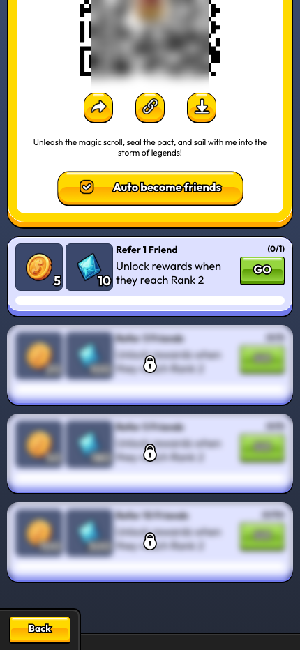 Pirate777 Recruit Comrades referral page with redacted QR code, three share icons share link download, Auto become friends button, and Refer 1 Friend milestone showing 5 coins plus 10 diamonds reward when friend reaches Rank 2