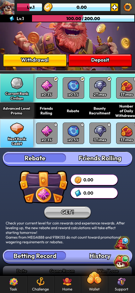 Pirate777 Wallet screen with rank progression panel showing Civilian rank with Friends Rolling x0.3% Rebate x0.5% Bounty Recruitment 2Times and daily withdrawal limit RM 10,000, Cadet next rank with 3Times Bounty Recruitment