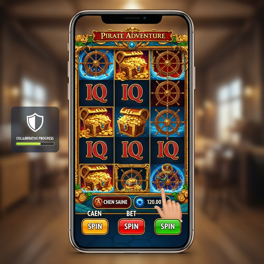 Illustrates the mobile gaming experience and Team Play features, showing a modern smartphone displaying a slot game interface with subtle cues for social or team-based elements.