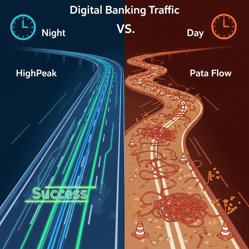 Visually represent the clear contrast between fast (off-peak) and slower (peak) DuitNow withdrawal processing times, emphasizing network traffic differences.