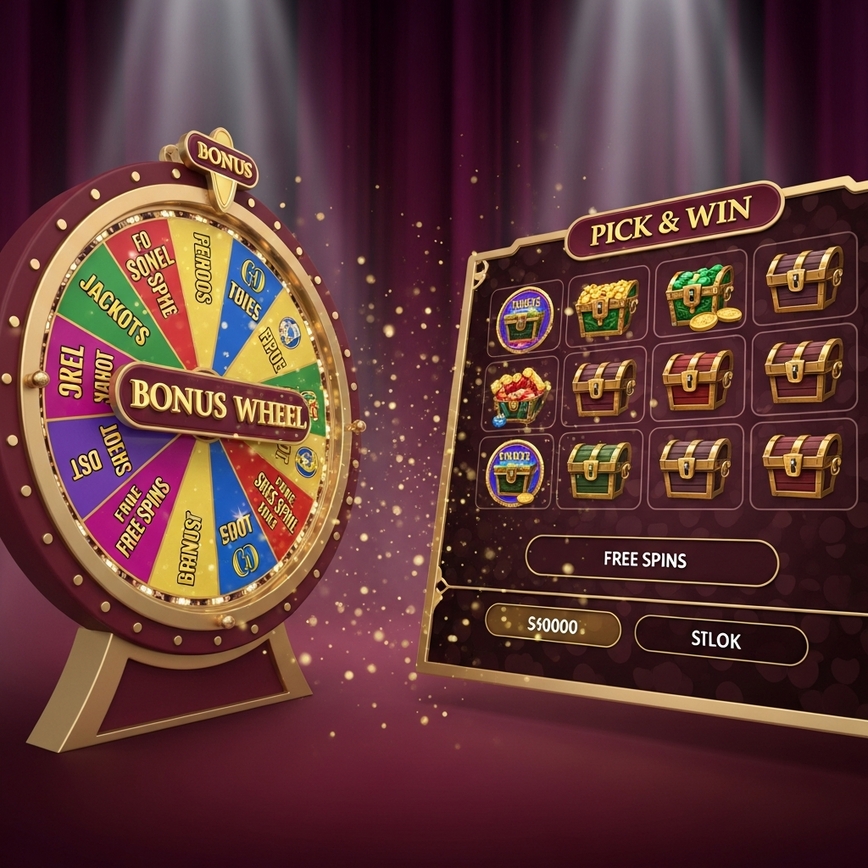 To illustrate the variety of special bonus rounds available in Mega888 games, specifically highlighting wheel bonuses and pick-and-win features.