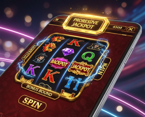 A futuristic online slot game for Mega888's 2026 releases shown on a mobile device, with dynamic spinning reels, vibrant symbols, and a glowing progressive jackpot display.