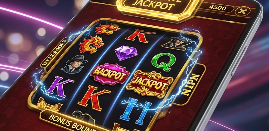 A futuristic online slot game for Mega888's 2026 releases shown on a mobile device, with dynamic spinning reels, vibrant symbols, and a glowing progressive jackpot display.