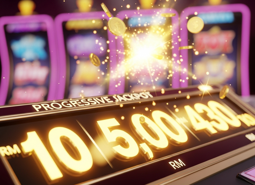 A close-up of a glowing digital progressive jackpot meter on an online slot game, with numbers rapidly increasing amidst a celebratory explosion of gold coins.