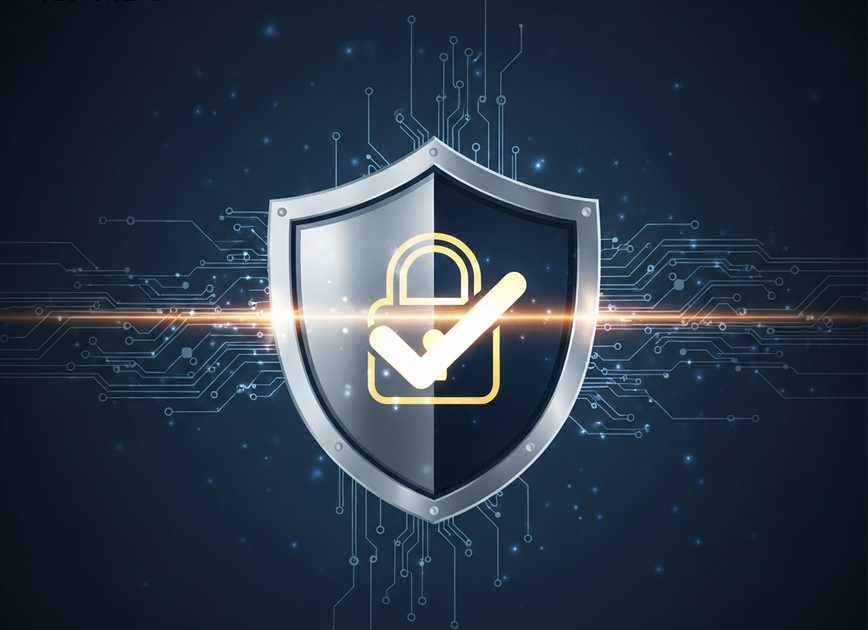 A digital illustration symbolizing online casino security and fair play, featuring a glowing padlock icon and a certification shield over a secure data background.