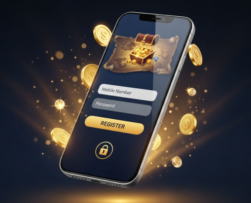 A modern smartphone displaying a secure, pirate-themed online casino registration page, set against a background of a treasure map and glowing gold coins, illustrating a guide for Malaysian slot players.