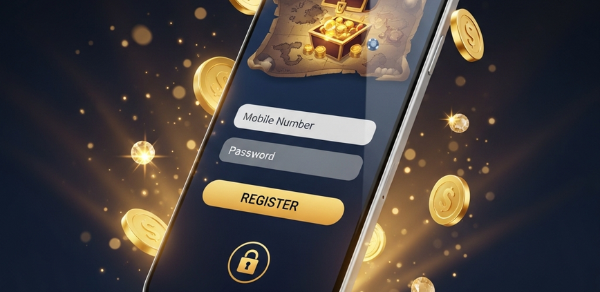 A modern smartphone displaying a secure, pirate-themed online casino registration page, set against a background of a treasure map and glowing gold coins, illustrating a guide for Malaysian slot players.