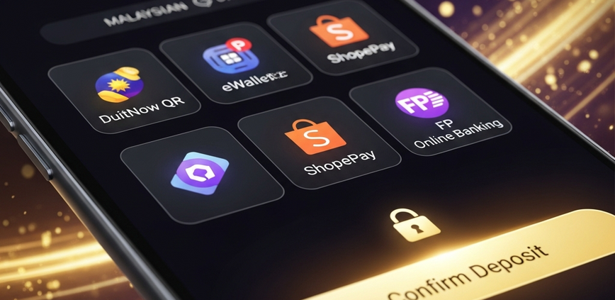 A modern smartphone displaying a secure online casino deposit screen with various Malaysian eWallet payment options like DuitNow and ShopeePay, set against a luxurious digital background.