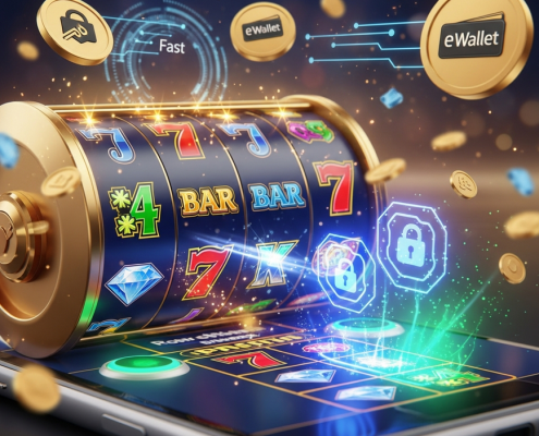 Vibrant online slot game interface on a mobile phone, with spinning reels and winning symbols, subtly integrated with secure eWallet payment icons and abstract digital transaction effects, representing fast and safe online casino gaming in Malaysia.