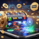 Vibrant online slot game interface on a mobile phone, with spinning reels and winning symbols, subtly integrated with secure eWallet payment icons and abstract digital transaction effects, representing fast and safe online casino gaming in Malaysia.