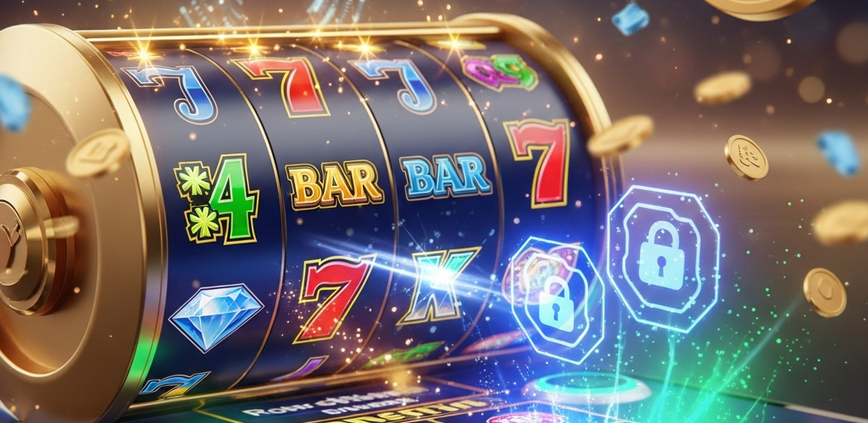 Vibrant online slot game interface on a mobile phone, with spinning reels and winning symbols, subtly integrated with secure eWallet payment icons and abstract digital transaction effects, representing fast and safe online casino gaming in Malaysia.
