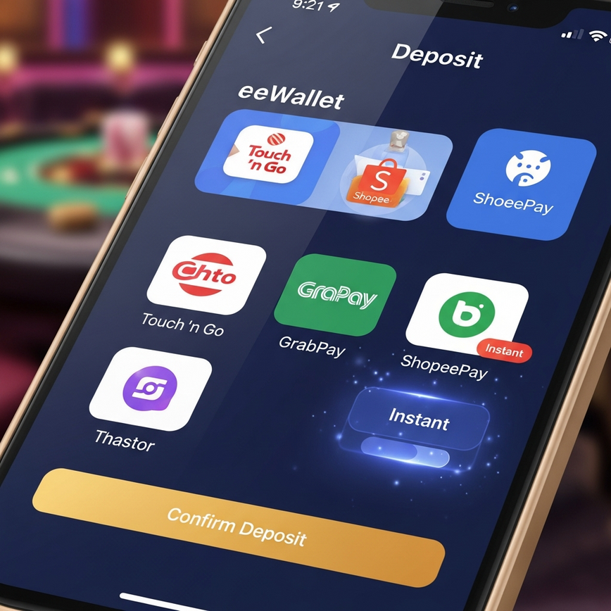Illustrates the seamless and instant deposit process using various eWallets for online slot gaming, emphasizing user-friendliness and integration.