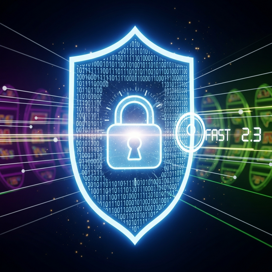Visual representation of the advanced security (256-bit SSL encryption) and rapid processing speed (2.3-minute withdrawals) of eWallet transactions for online slots.