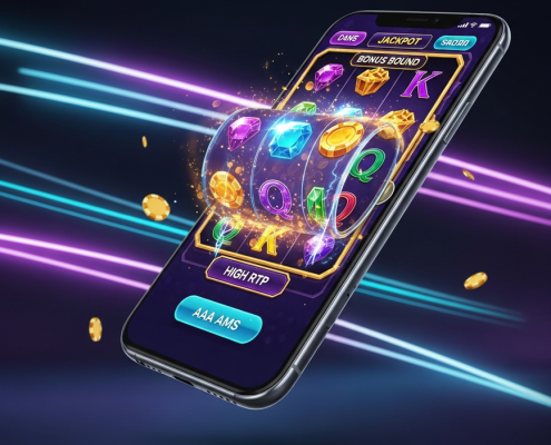 A sleek smartphone displaying a vibrant and modern online slot game interface, representing a beginner's guide to playing online slots in Malaysia.