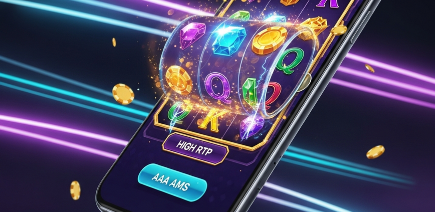 A sleek smartphone displaying a vibrant and modern online slot game interface, representing a beginner's guide to playing online slots in Malaysia.