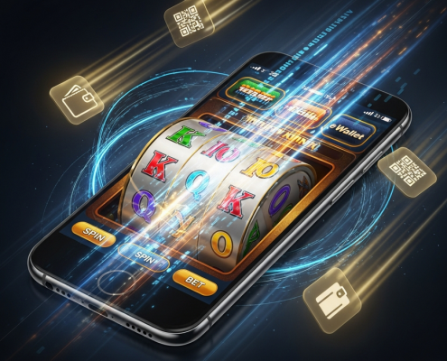 Dynamic smartphone displaying fast slot game action with abstract eWallet speed indicators for online casino deposits, set in a luxurious digital environment.