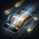 Dynamic smartphone displaying fast slot game action with abstract eWallet speed indicators for online casino deposits, set in a luxurious digital environment.