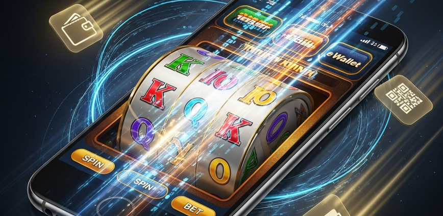 Dynamic smartphone displaying fast slot game action with abstract eWallet speed indicators for online casino deposits, set in a luxurious digital environment.