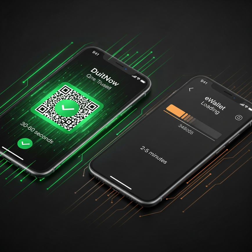 Illustrates the speed difference between DuitNow QR and other eWallet methods for slot deposits, visually representing the credit time comparison.