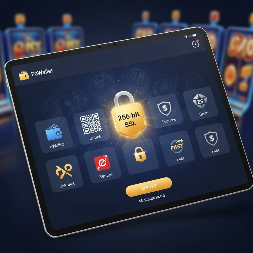 Depicts a secure online casino payment gateway interface, showcasing various generic eWallet options and emphasizing platform integration and security features.