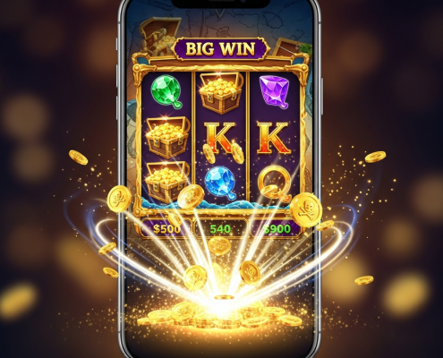 A modern smartphone displaying a pirate-themed online slot game celebrating a big win, with treasure chests and gold coins exploding from the screen in a premium casino setting.