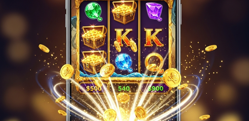 A modern smartphone displaying a pirate-themed online slot game celebrating a big win, with treasure chests and gold coins exploding from the screen in a premium casino setting.