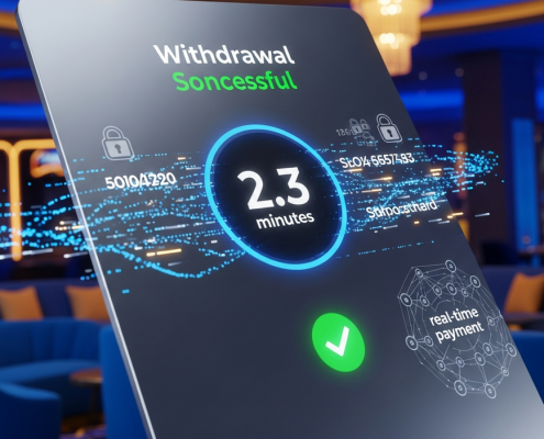 Vibrant online casino interface showing a successful DuitNow withdrawal completed in 2.3 minutes, surrounded by secure digital elements and a luxurious backdrop.