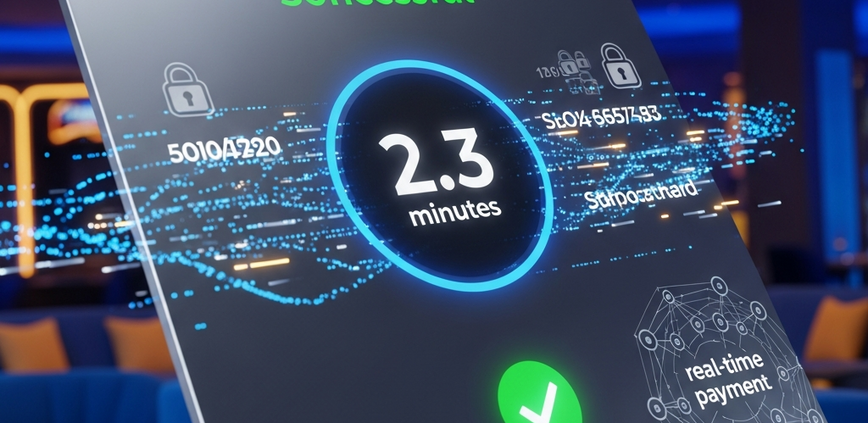 Vibrant online casino interface showing a successful DuitNow withdrawal completed in 2.3 minutes, surrounded by secure digital elements and a luxurious backdrop.