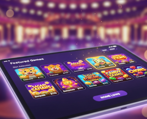 A modern tablet screen displaying a vibrant online casino lobby with a selection of beginner-friendly slot games, one of which is highlighted to represent choosing your first game.
