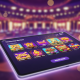 A modern tablet screen displaying a vibrant online casino lobby with a selection of beginner-friendly slot games, one of which is highlighted to represent choosing your first game.