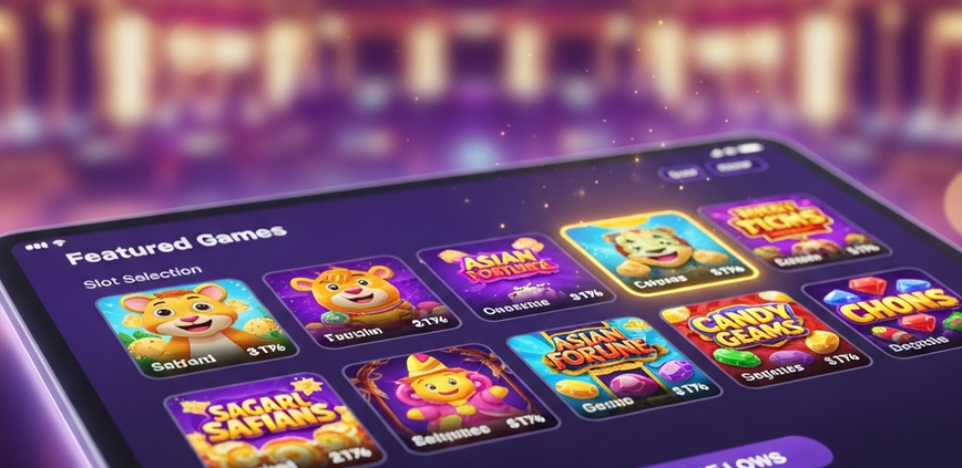 A modern tablet screen displaying a vibrant online casino lobby with a selection of beginner-friendly slot games, one of which is highlighted to represent choosing your first game.