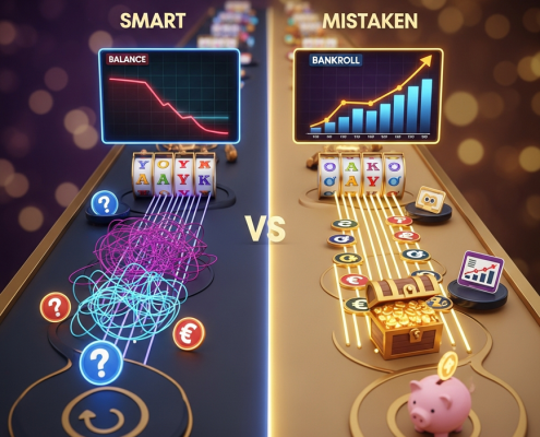 A conceptual image showing two paths for an online slot player: one dark and chaotic representing beginner mistakes, and one bright and strategic representing smart play and how to avoid common pitfalls.