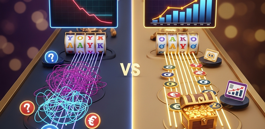 A conceptual image showing two paths for an online slot player: one dark and chaotic representing beginner mistakes, and one bright and strategic representing smart play and how to avoid common pitfalls.