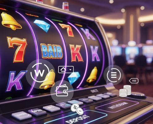 Vibrant online slot machine interface with spinning reels and generic winning symbols, subtly overlaid with abstract digital wallet icons and financial fee indicators, representing hidden costs in online casino gaming.