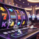 Vibrant online slot machine interface with spinning reels and generic winning symbols, subtly overlaid with abstract digital wallet icons and financial fee indicators, representing hidden costs in online casino gaming.