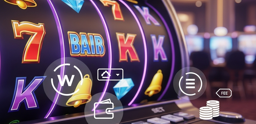 Vibrant online slot machine interface with spinning reels and generic winning symbols, subtly overlaid with abstract digital wallet icons and financial fee indicators, representing hidden costs in online casino gaming.