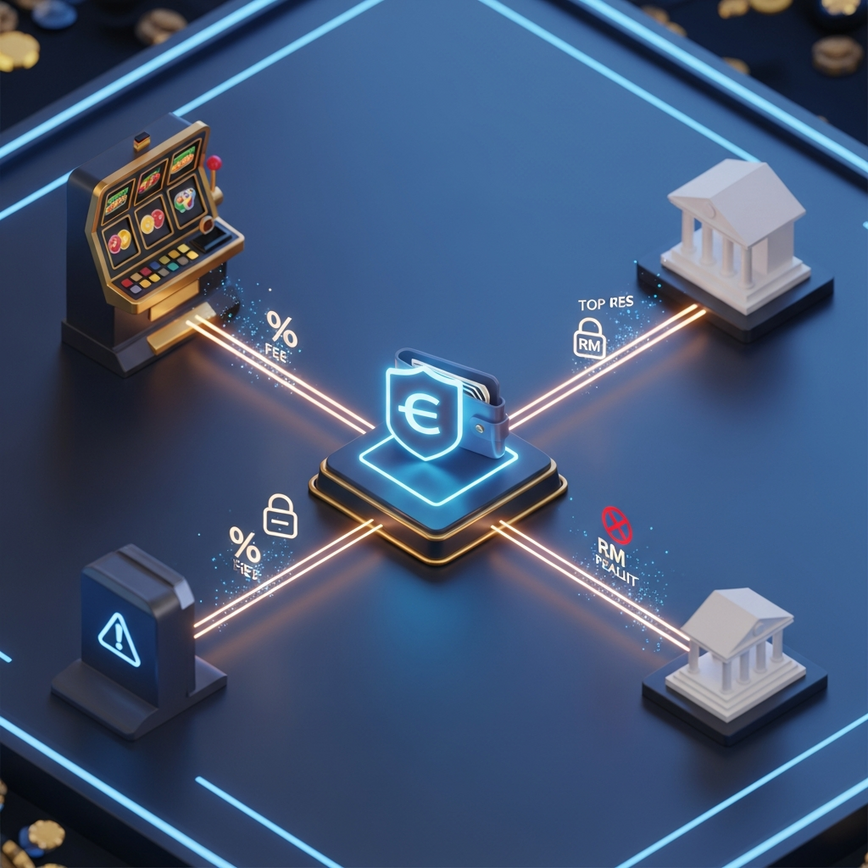 Illustrates the different types of eWallet fees (transaction, top-up, withdrawal) by showing digital currency flow with 'cost' deductions.