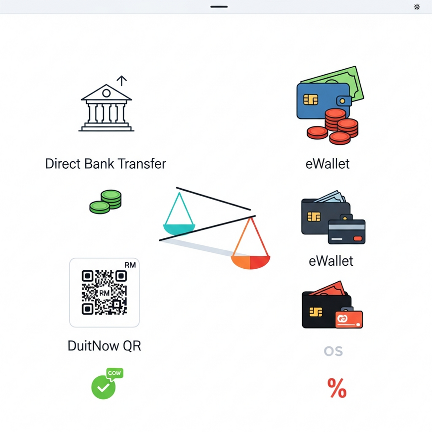 Visual comparison of cost-effectiveness for different payment methods (DuitNow QR, Bank Transfer, eWallets) for online slot deposits and withdrawals.