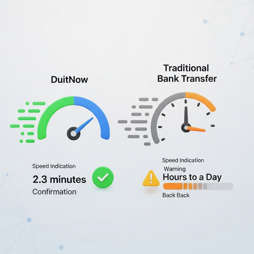 Menggambarkan kelebihan kelajuan pengeluaran DuitNow yang ketara berbanding pemindahan perbankan tradisional, menggunakan visualisasi data yang jelas.