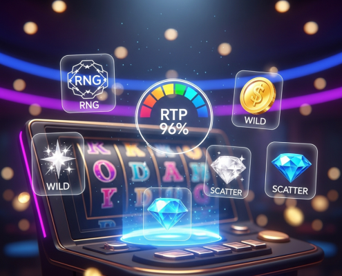 A futuristic online slot machine interface surrounded by glowing holographic icons representing key slot terms like RNG, RTP, Wild, and Scatter, illustrating an online slots glossary.